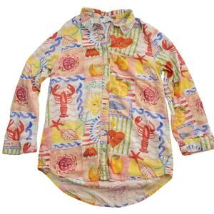 Calypso St. Barth Linen Blend Coastal Print Lobster Sun Lemon Button Down ShirtM